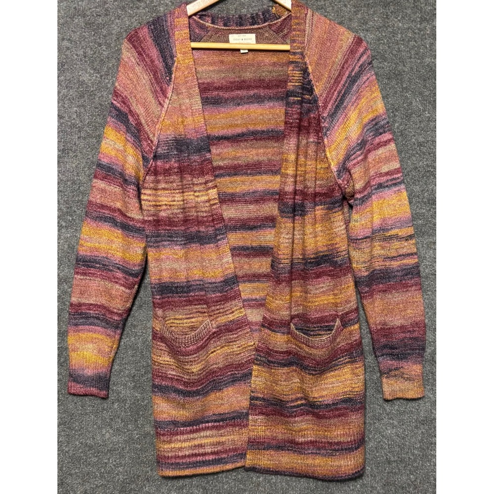 Lucky‎ Brand Women's Striped Open Front Long Cardigan Sweater Burgundy Yellow L